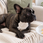 AI-generated editorial illustration of Nina on a cream sofa beside a hand-held saucer with three small pit-free peach pieces.