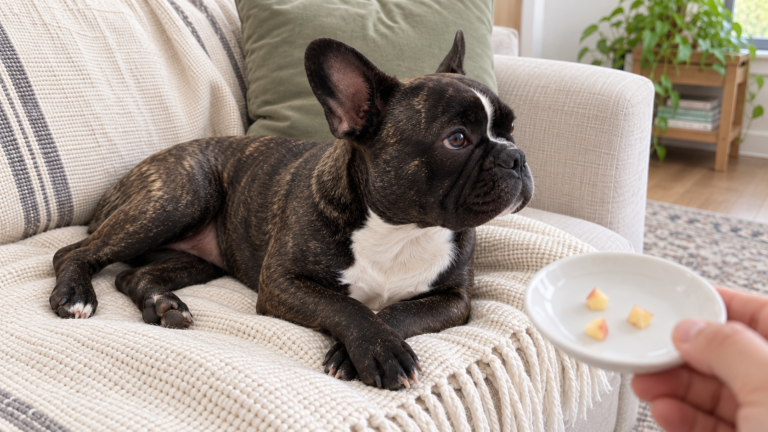 AI-generated editorial illustration of Nina on a cream sofa beside a hand-held saucer with three small pit-free peach pieces.
