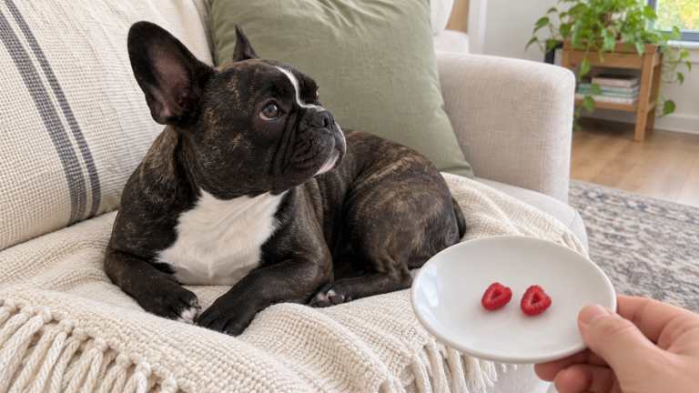 AI-generated editorial illustration of Nina on a cream sofa beside a hand-held saucer with two small raspberry halves.