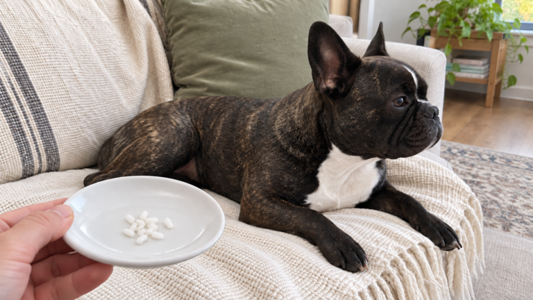 AI-generated editorial illustration of Nina on a cream sofa beside a hand-held saucer with a tiny pinch of plain cooked rice.