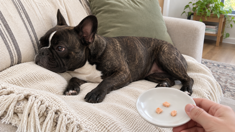 AI-generated editorial illustration of Nina on a cream sofa beside a hand-held saucer with three small plain cooked salmon flakes.