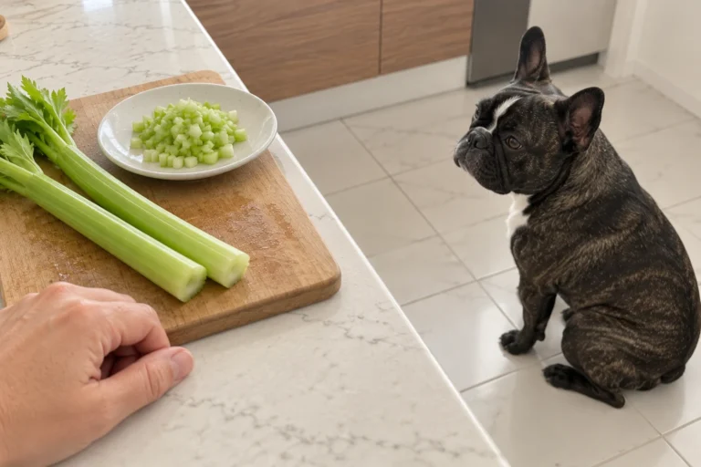 Washed celery and finely chopped pieces on a kitchen counter, with Nina sitting nearby.