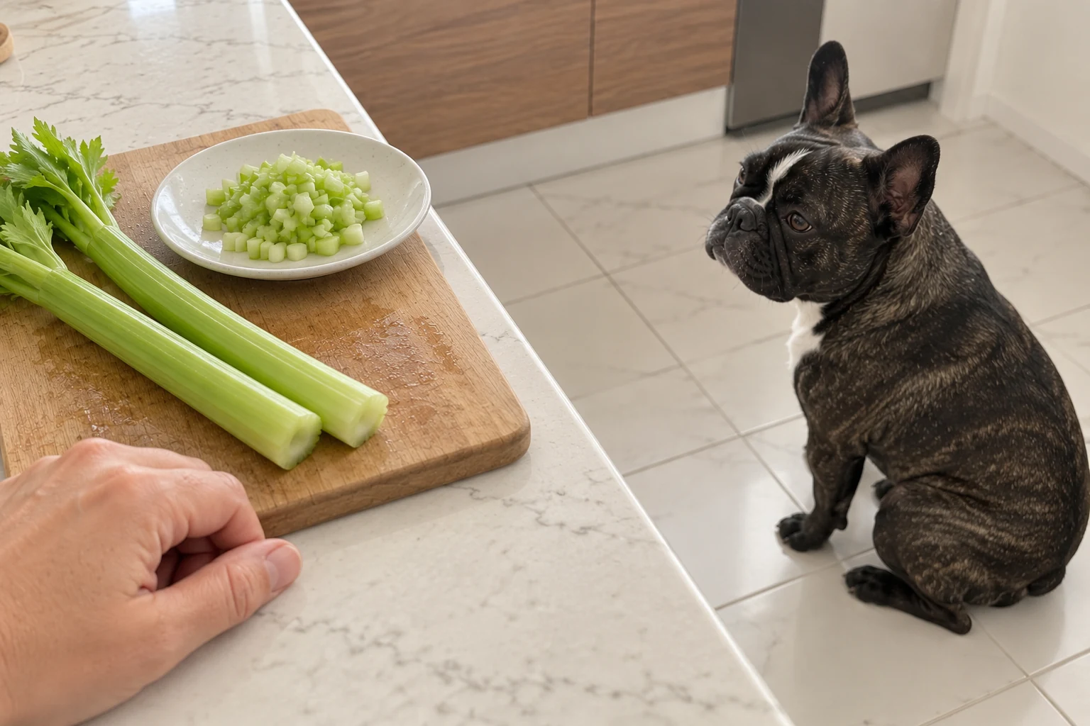 Washed celery and finely chopped pieces on a kitchen counter, with Nina sitting nearby.