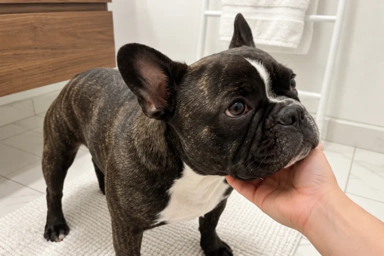 Nina resting her chin in an owner's hand during a calm eye check at home