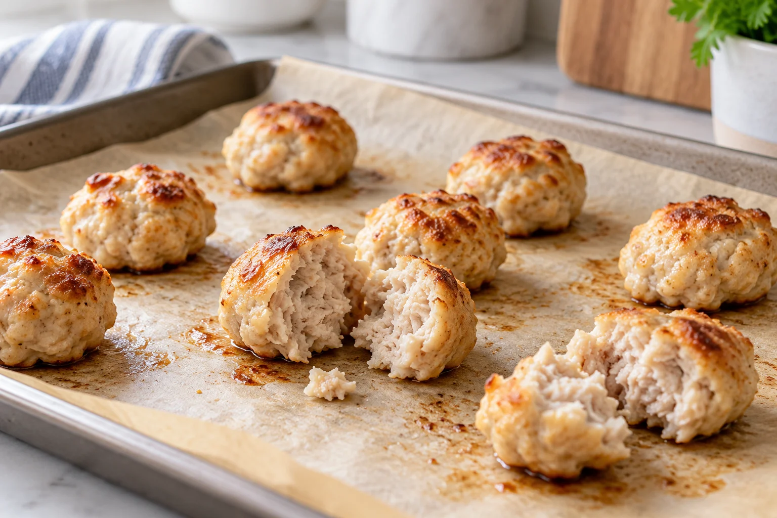 Illustration of plain cooked chicken meatballs cooling on a tray