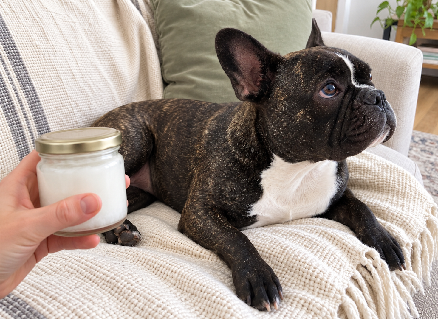 Generated illustration based on Nina: a healthy brindle French Bulldog with a closed jar held separately