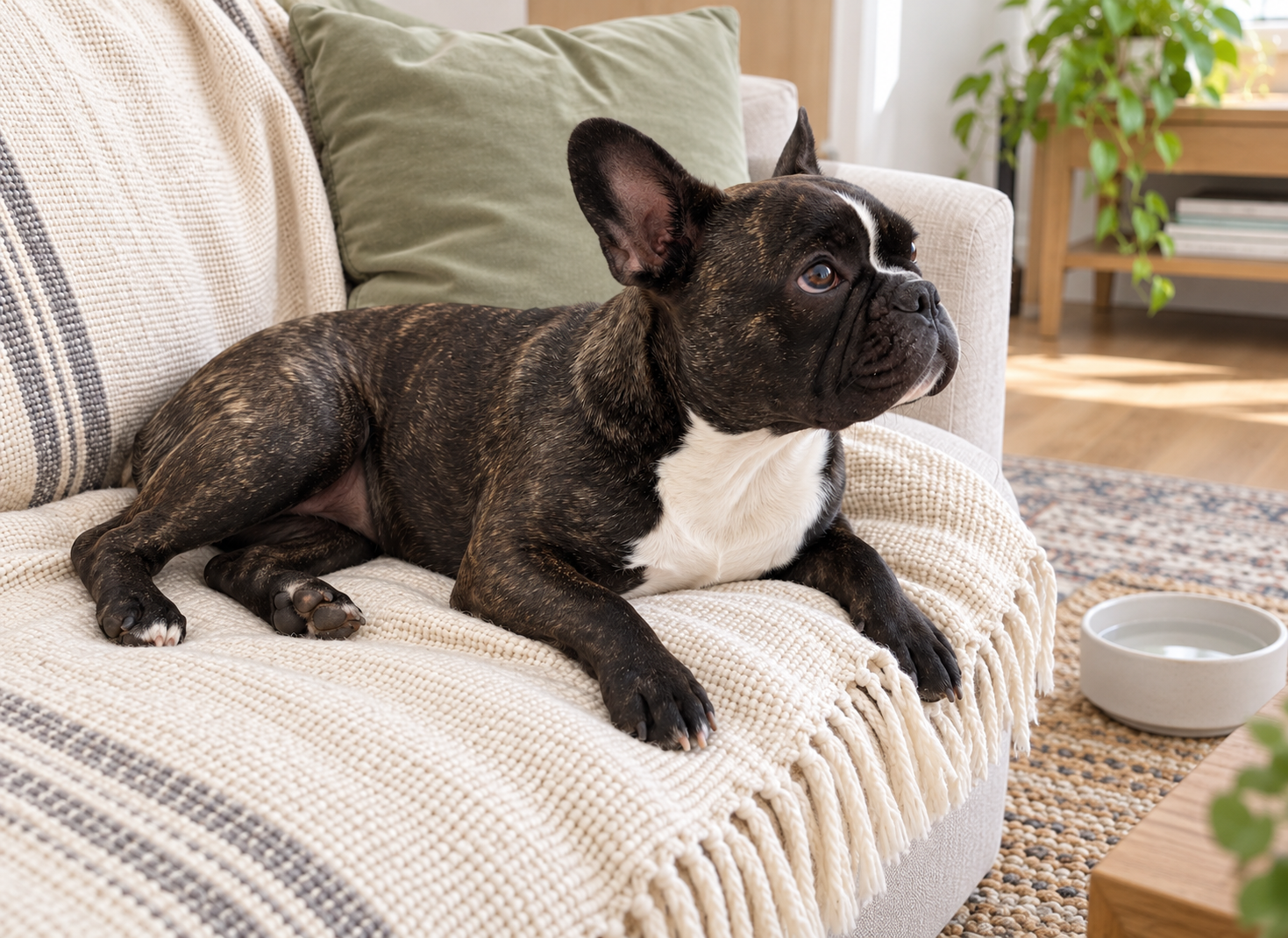 Generated illustration of healthy brindle Nina resting on a cream sofa with water nearby.