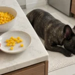 Plain cooked corn kernels in a small bowl on the counter while Nina rests nearby.