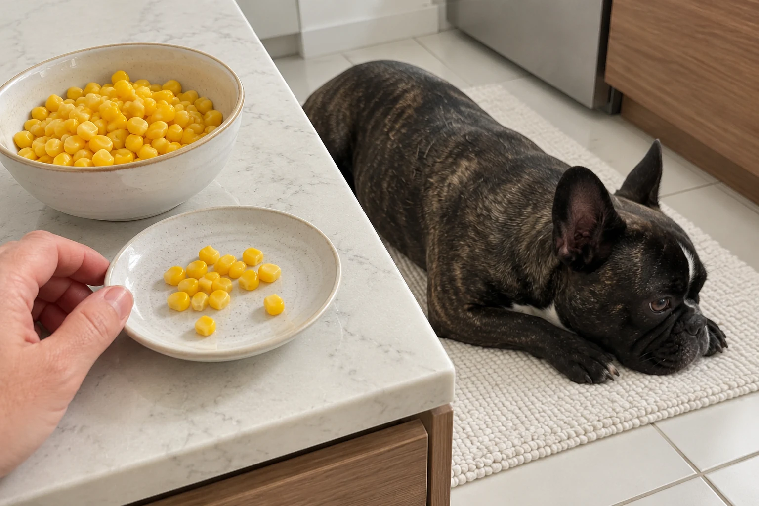 Plain cooked corn kernels in a small bowl on the counter while Nina rests nearby.