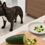 Fresh cucumber and small chopped pieces on a kitchen counter, with Nina standing nearby.