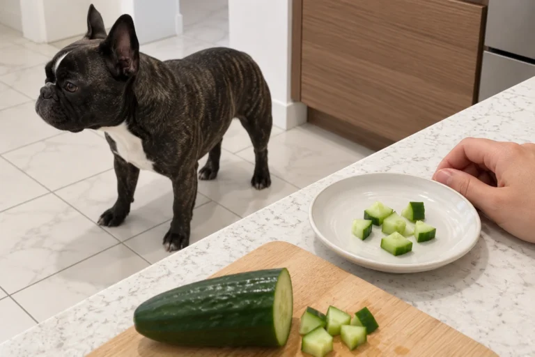 Fresh cucumber and small chopped pieces on a kitchen counter, with Nina standing nearby.