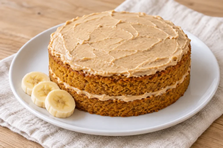 Two thin pumpkin-colored cake layers with pale tan filling and topping, beside banana slices.
