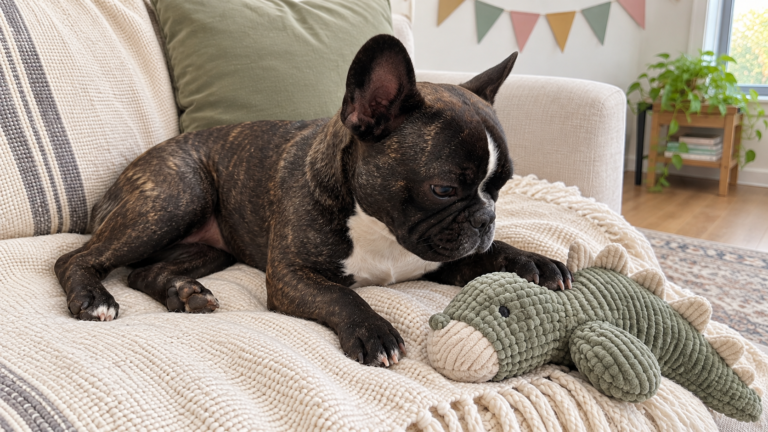 AI-generated illustration of Nina relaxing beside a soft toy with paper birthday decorations above the sofa.