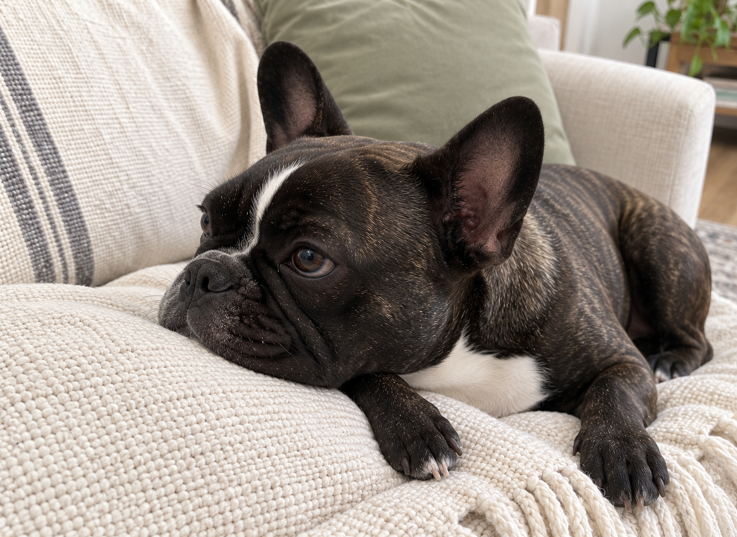 Editorial illustration of Nina resting her chin on a cream cushion and looking to one side.