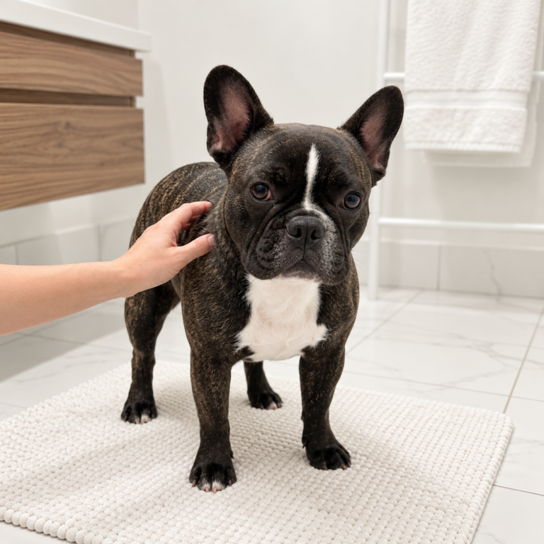 Generated Nina with healthy brindle fur during a gentle coat check on a bathroom mat.