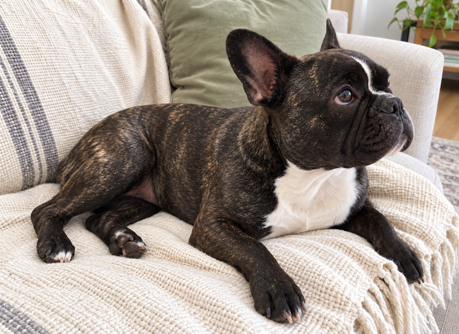 Generated illustration of brindle Nina with her normal intact coat, resting on a cream sofa.