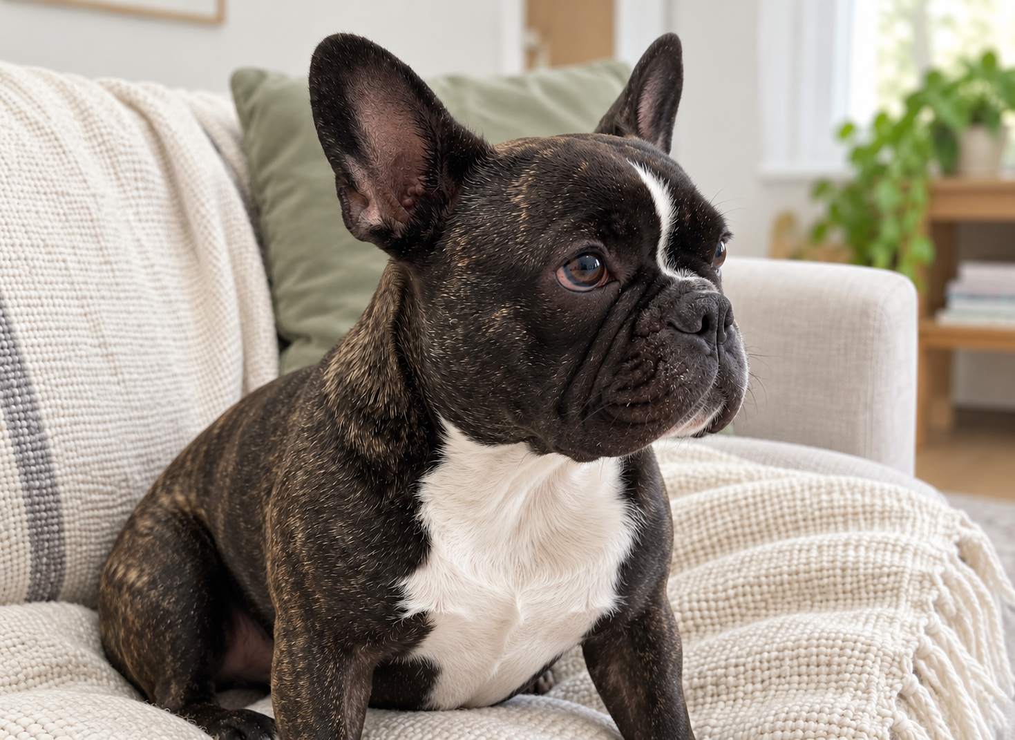 Generated portrait of brindle Nina with normal upright ears resting on a cream sofa.