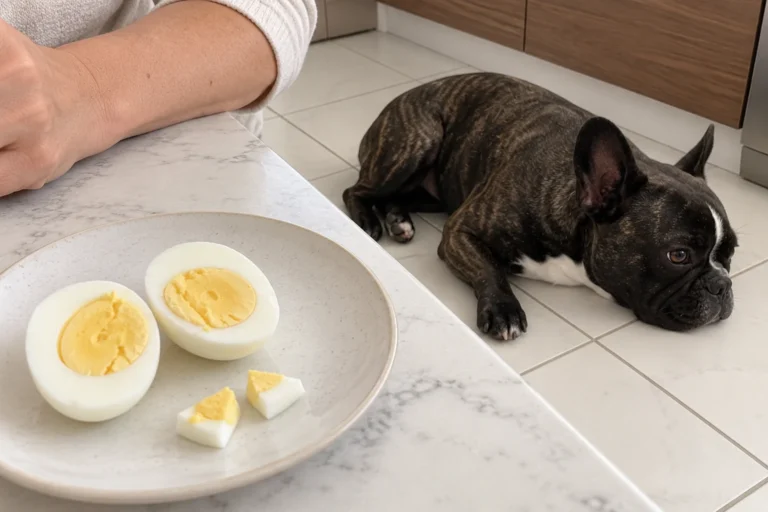 A fully cooked egg and two tiny chopped pieces on the counter while Nina rests nearby.