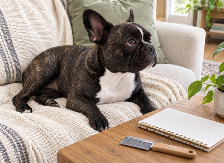 Generated illustration of brindle Nina beside a notebook and flea comb in a familiar living room.