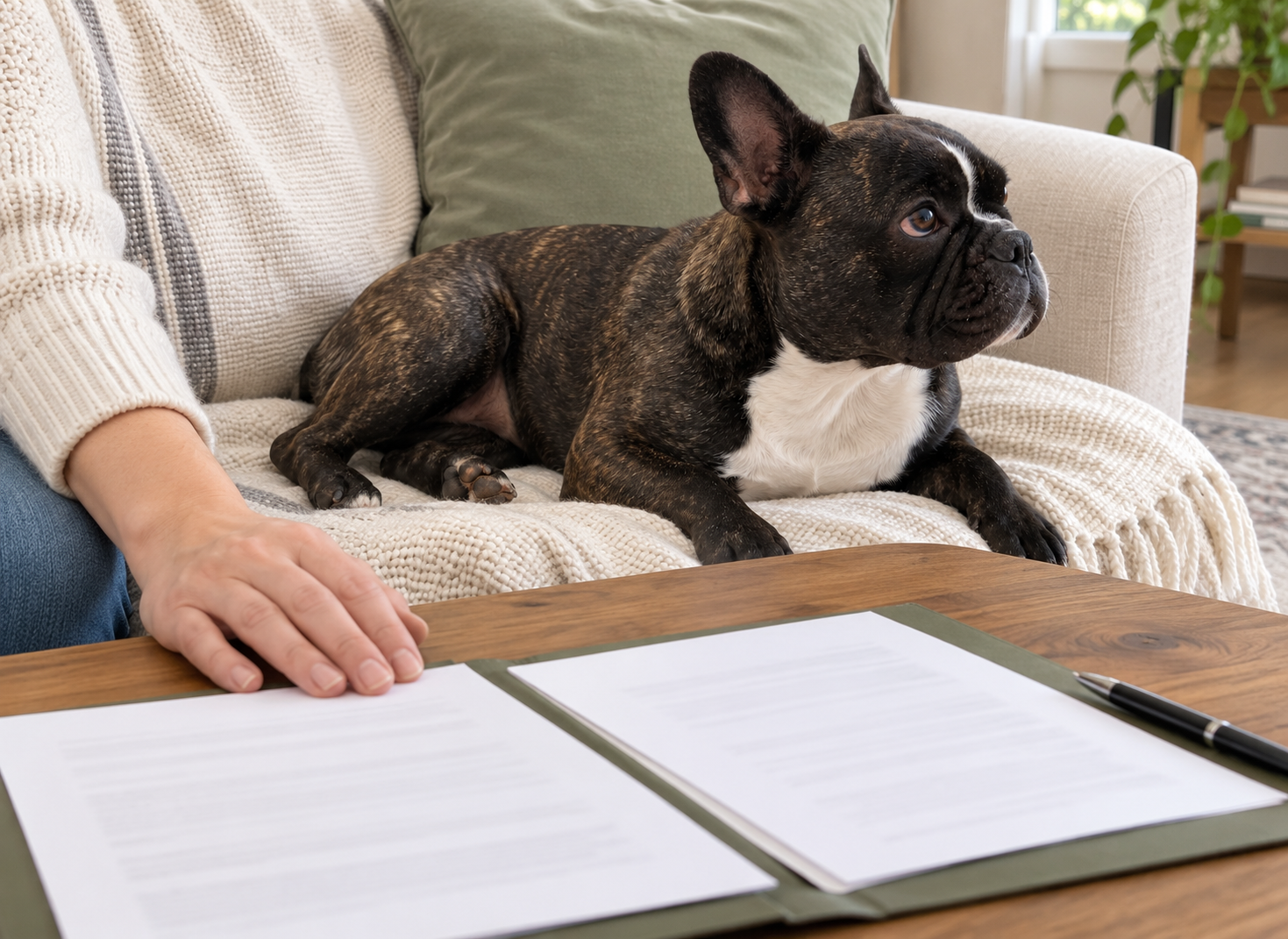 AI-generated illustration of short-coated Nina for the discussion of checking records, not a depiction of a fluffy French bulldog.