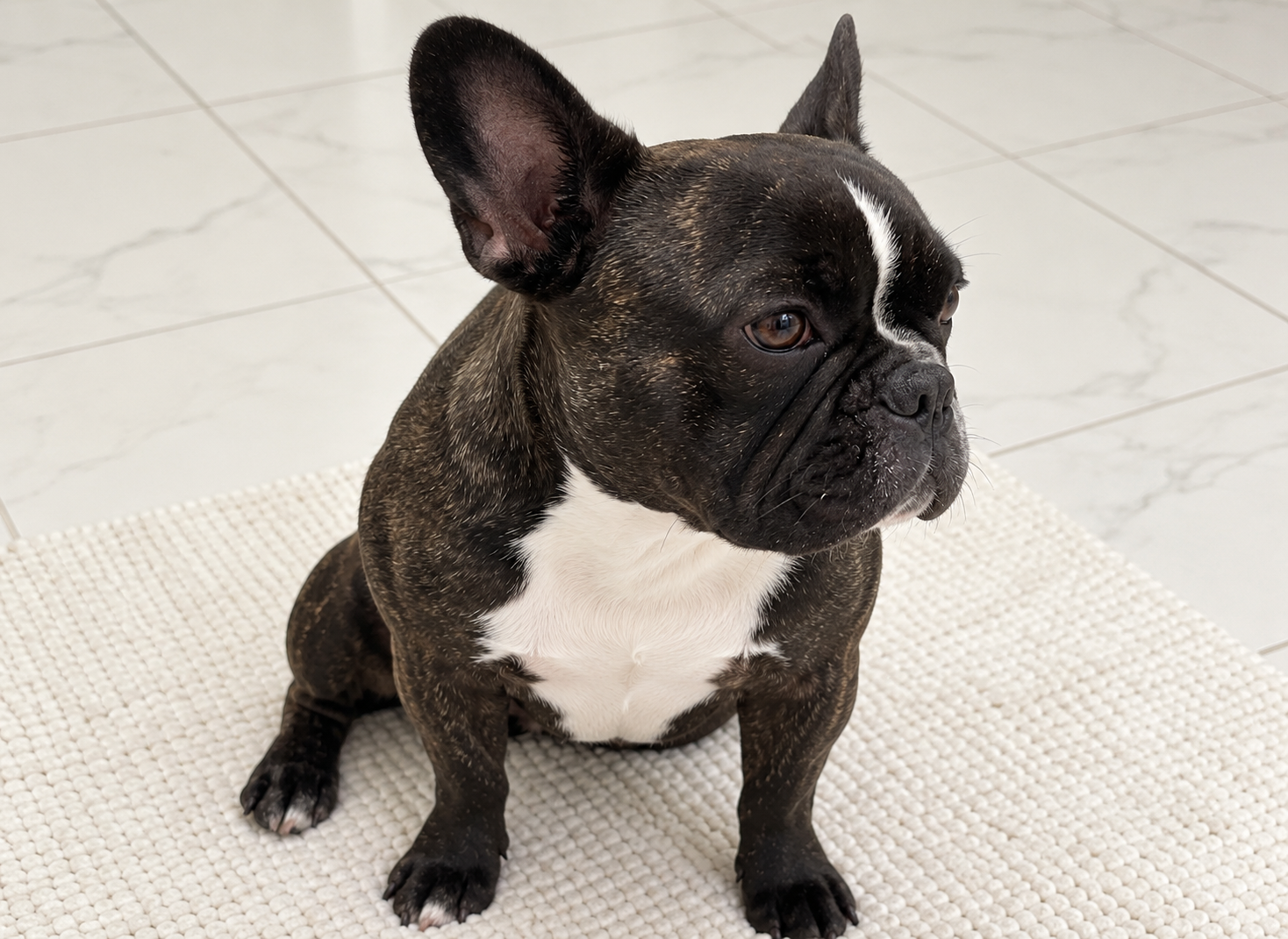 Generated portrait of brindle Nina sitting on a cream mat with her head turned slightly to the side.