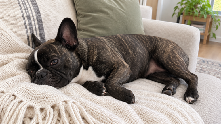 AI-generated illustration of healthy Nina resting on her side on a cream sofa.