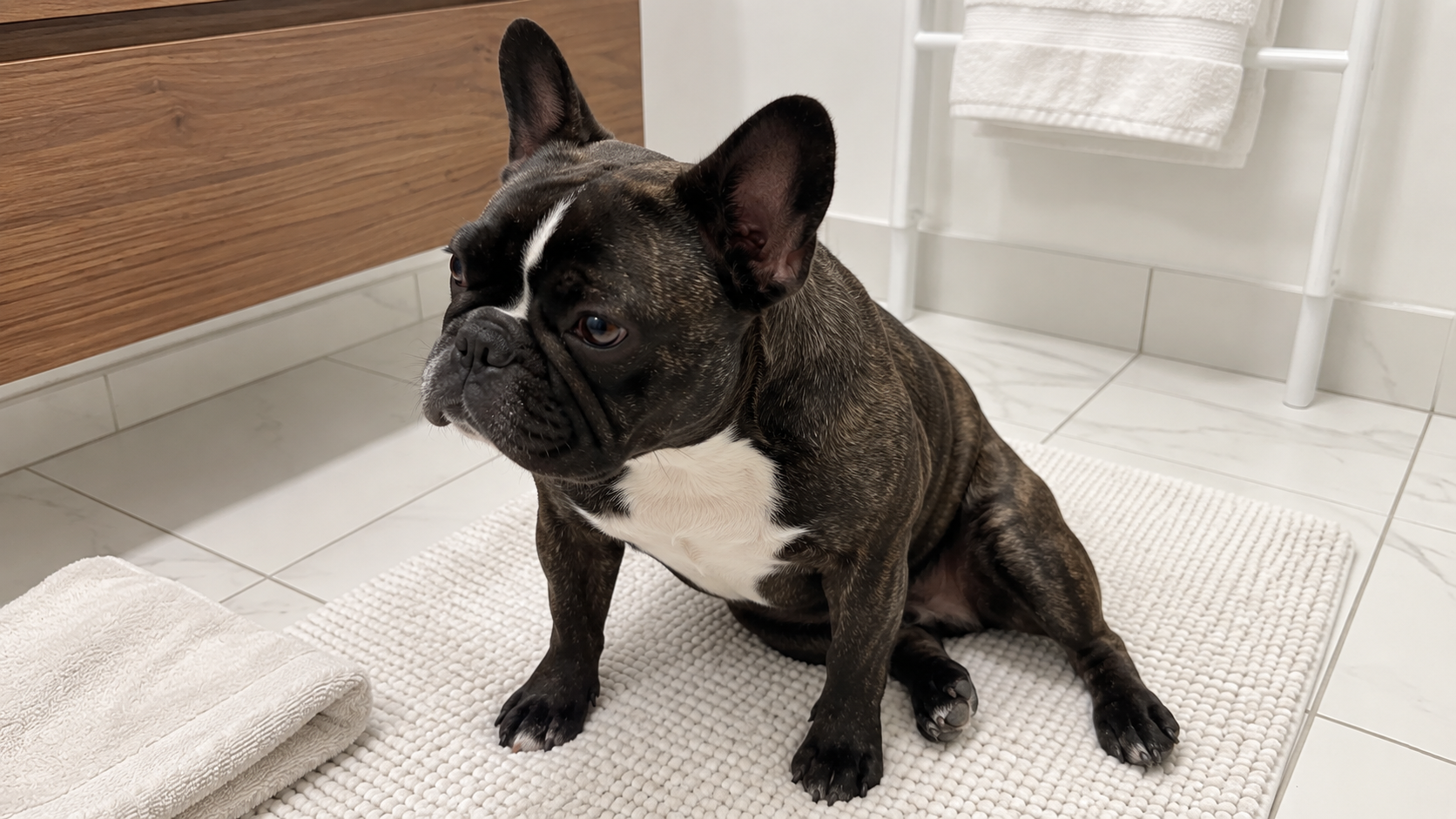 AI-generated illustration of Nina sitting comfortably on a bath mat beside a folded towel.