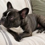 Nina resting beside a striped cushion with her front paws crossed, illustrating the French bulldog parent breed.