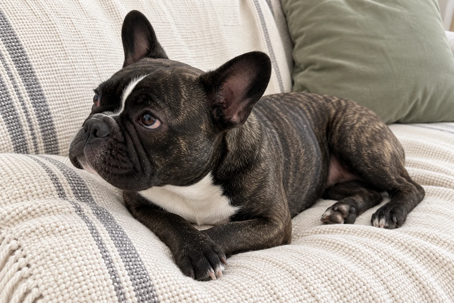 Nina resting beside a striped cushion with her front paws crossed, illustrating the French bulldog parent breed.