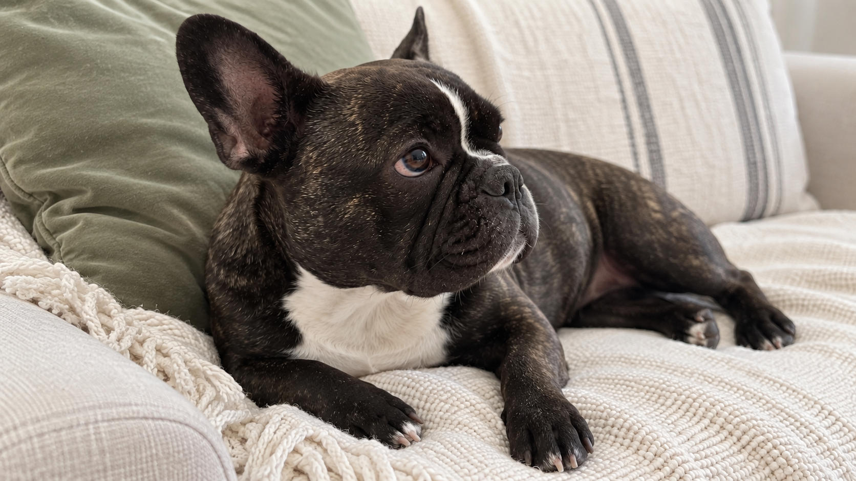 AI-generated illustration of Nina resting on a cream sofa, with her natural muzzle and nose visible in profile.