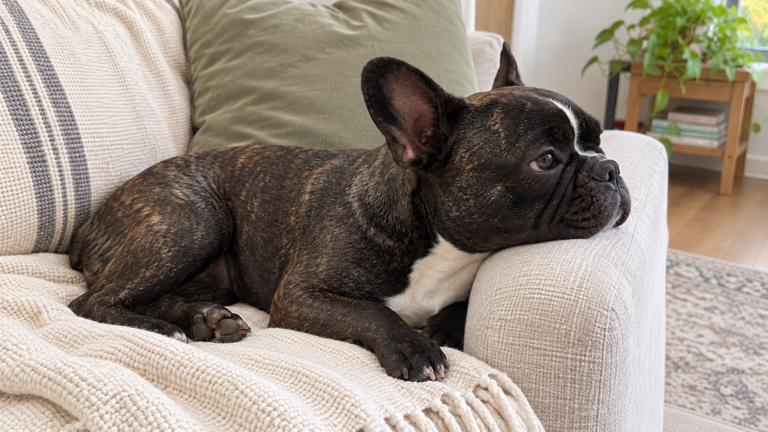 Nina, a modern brindle French Bulldog, resting her chin on the sofa arm and looking toward the window.
