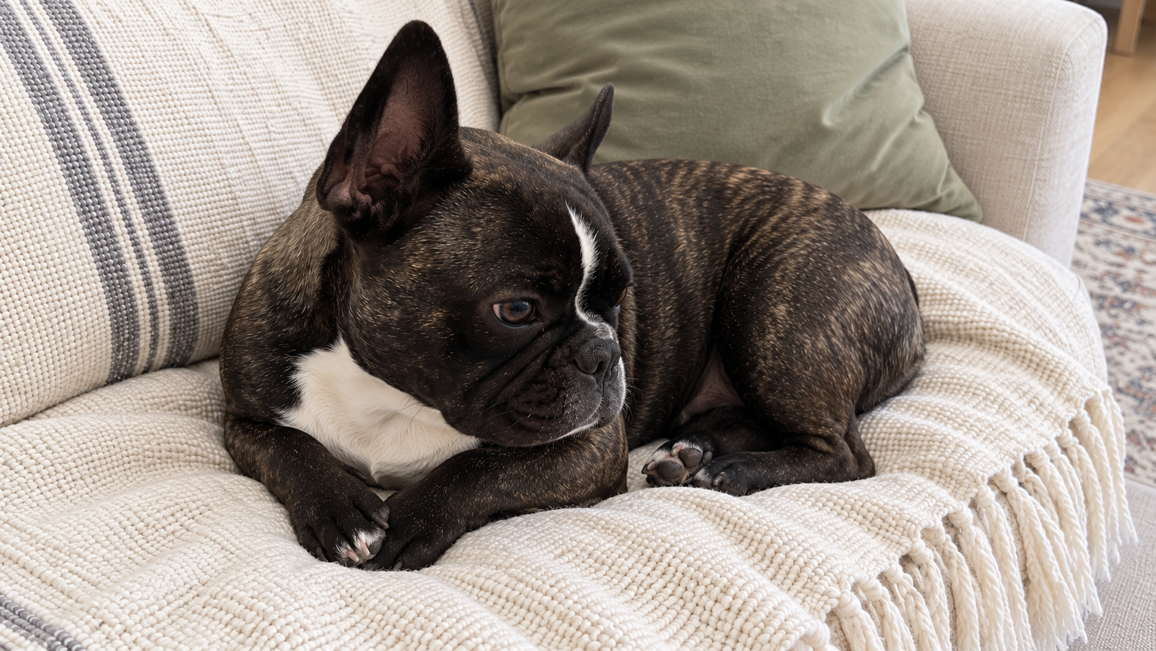 Nina, a modern French Bulldog, curled on the cream sofa with her front paws folded.