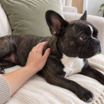 Nina reclining on her sofa while an adult hand rests gently on her shoulder.