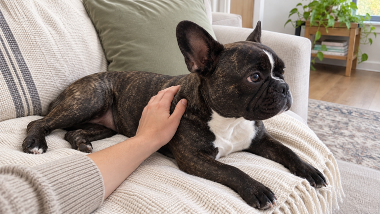 Nina reclining on her sofa while an adult hand rests gently on her shoulder.