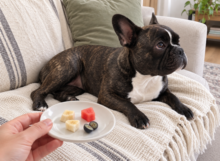 Editorial illustration of Nina on a cream sofa beside a saucer of banana, watermelon and a halved blueberry.