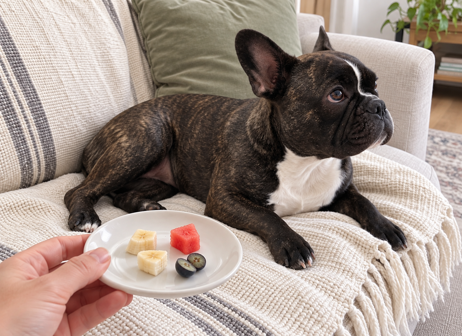 Editorial illustration of Nina on a cream sofa beside a saucer of banana, watermelon and a halved blueberry.