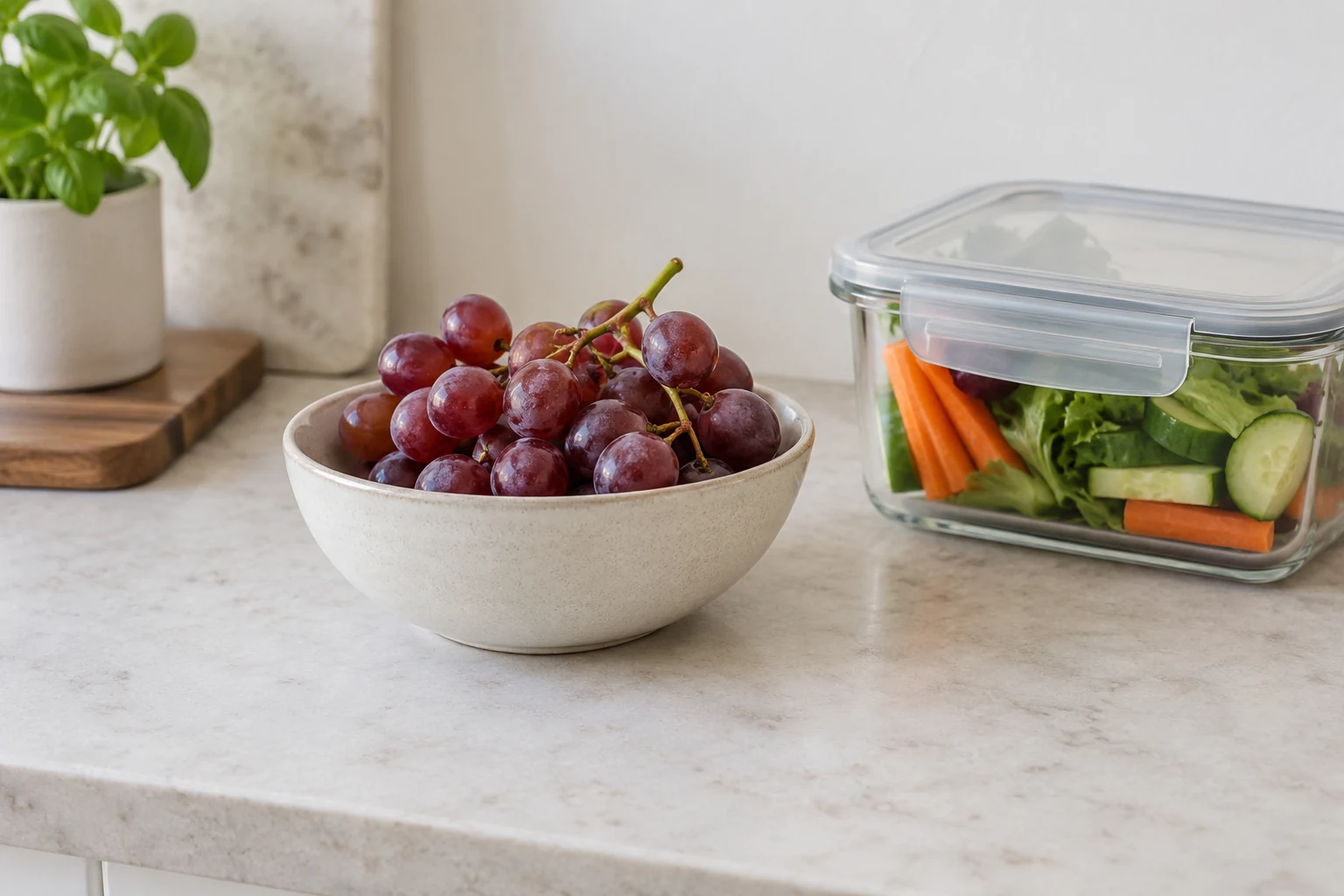 A bowl of grapes kept well back on a kitchen counter beside a lidded storage container.