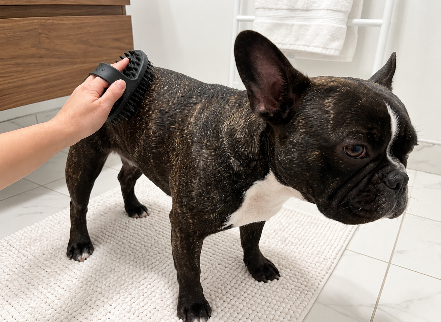 Generated illustration of brindle Nina standing on a cream mat during gentle brushing with a rubber grooming mitt.