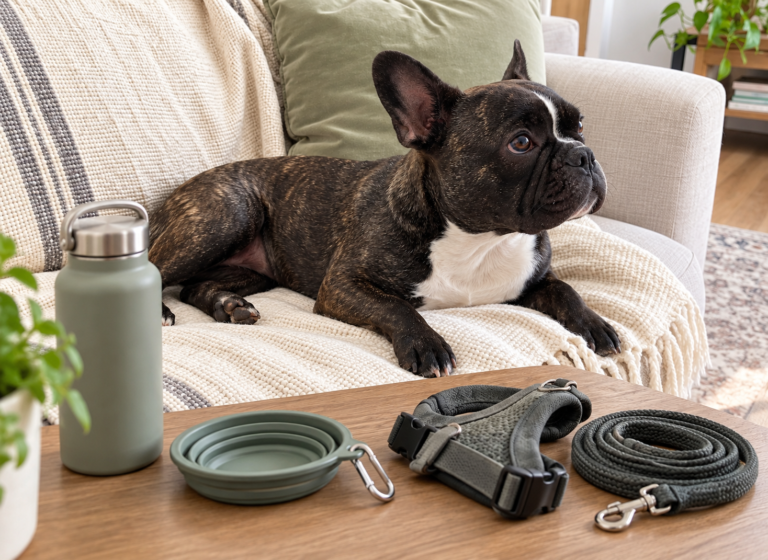 Generated illustration of Nina at home with a water bottle, travel bowl, harness and lead prepared nearby.
