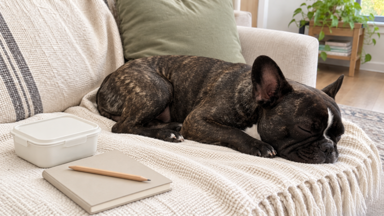 Nina sleeping on the cream sofa near a closed food container and a blank meal-planning notebook.