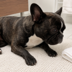 Generated illustration of brindle Nina resting beside a grooming brush and clean towel