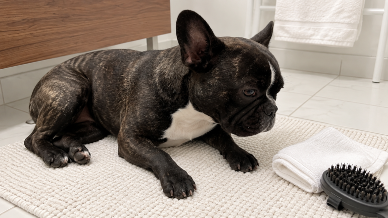 Generated illustration of brindle Nina resting beside a grooming brush and clean towel