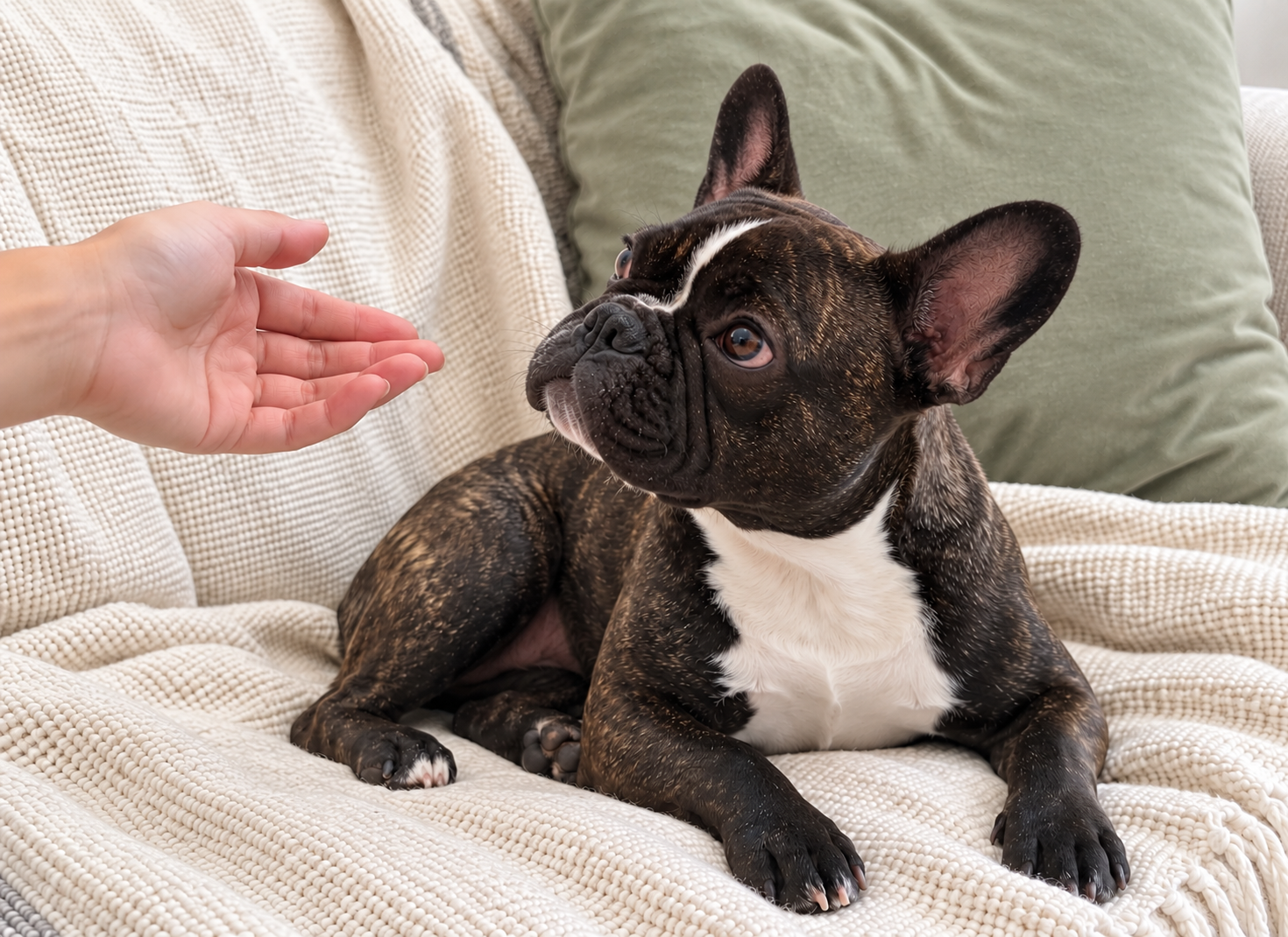 Generated illustration of brindle Nina looking toward a relaxed hand on a cream throw.
