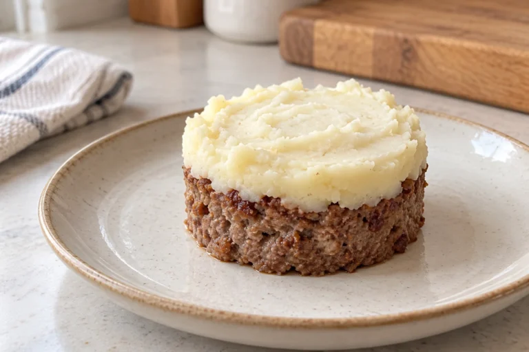Illustration of a small cooked meat cake with plain mashed potato topping