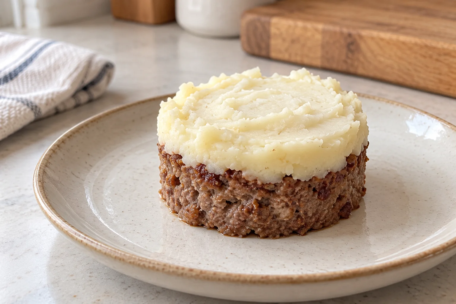 Illustration of a small cooked meat cake with plain mashed potato topping