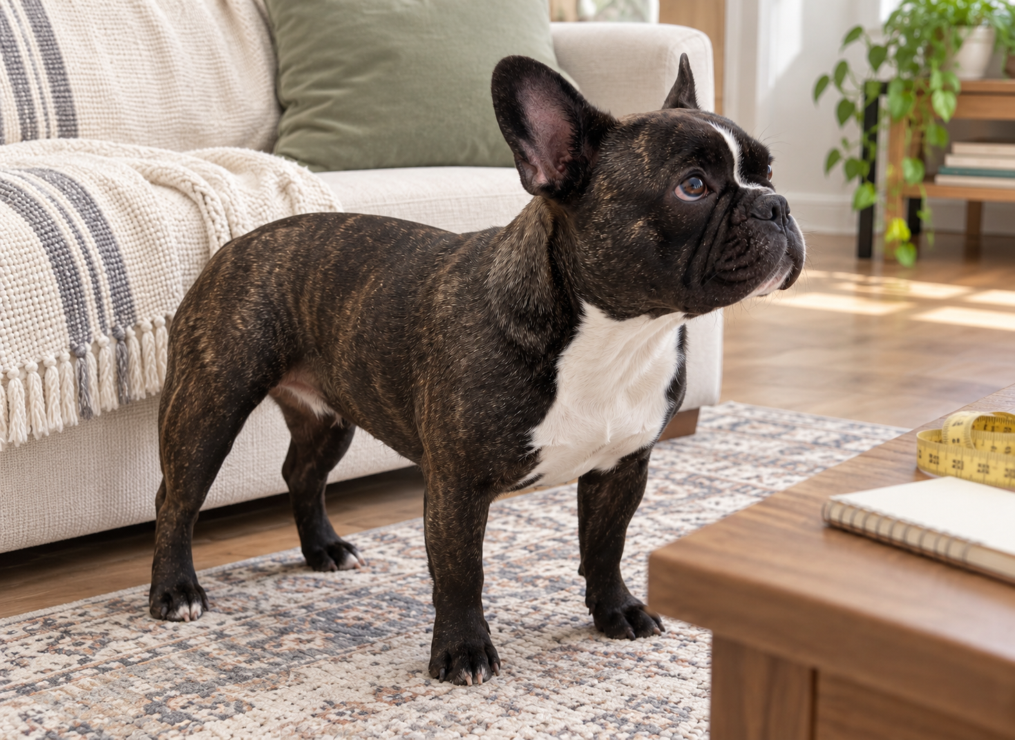 AI-generated illustration of Nina at her usual adult proportions, not a miniature French bulldog or a recorded measurement.
