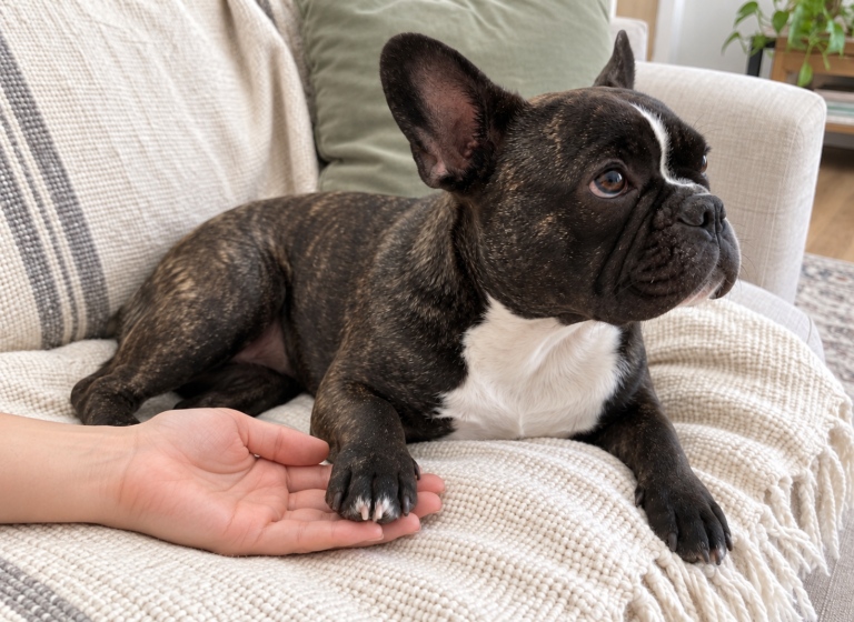 Brindle French Bulldog resting a front paw on an open hand beside a cream sofa cushion