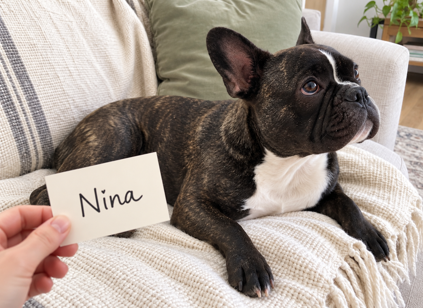 Generated illustration of brindle Nina resting on her cream sofa beside a hand-held card bearing her name.