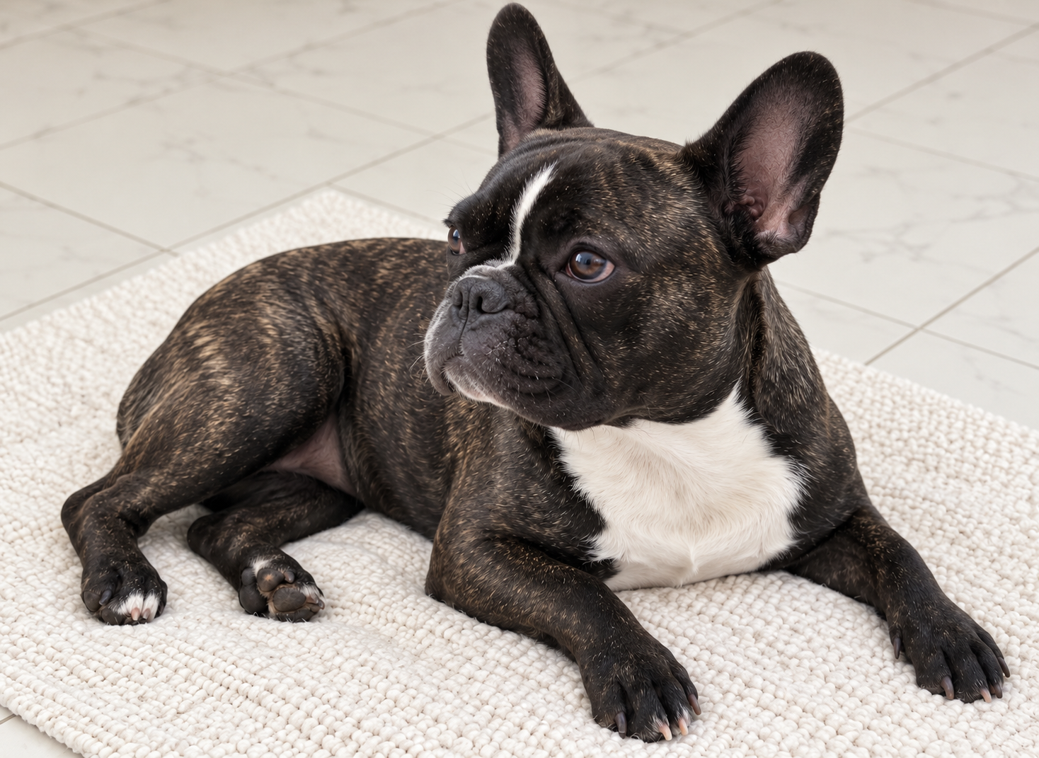Generated illustration of brindle Nina resting normally on a cream mat.