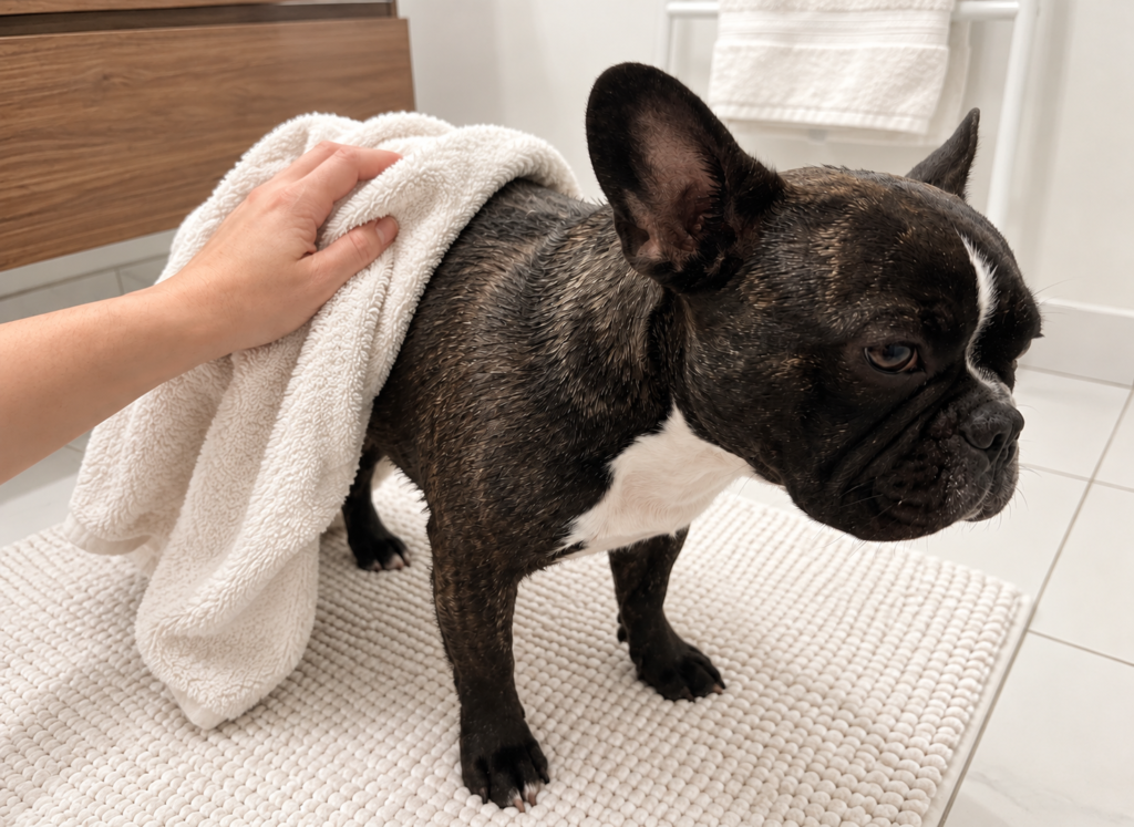 Nina, a brindle French Bulldog, being gently towel-dried on a bathroom mat
